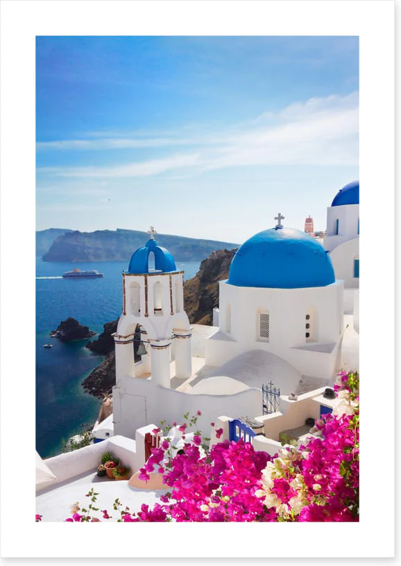 Blue domes and blossom, Santorini - Image 2