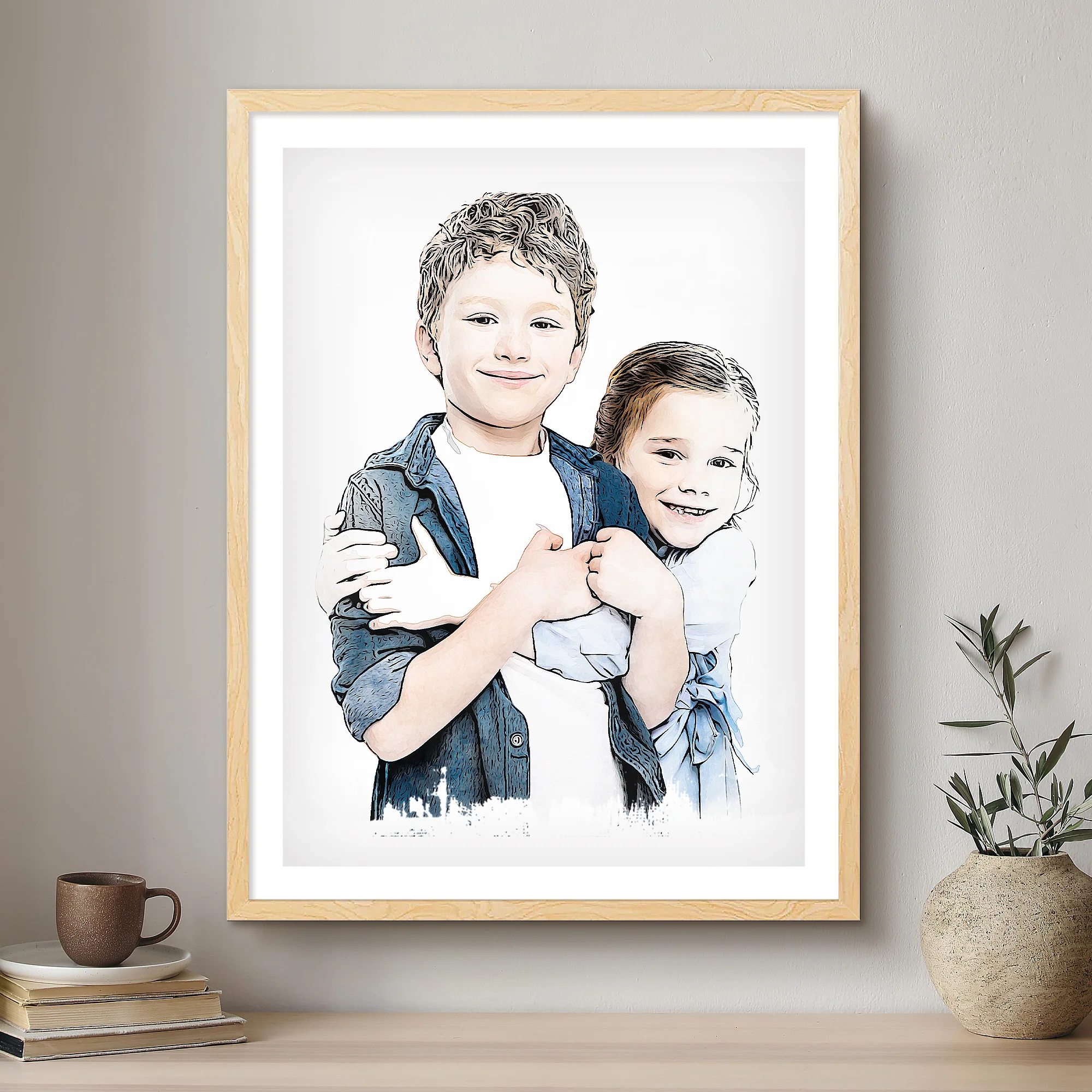 Children Ink Line Artistic Design Custom Portrait | Framed Art Print - Image 2