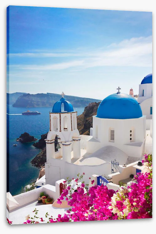 Blue domes and blossom, Santorini - Image 2