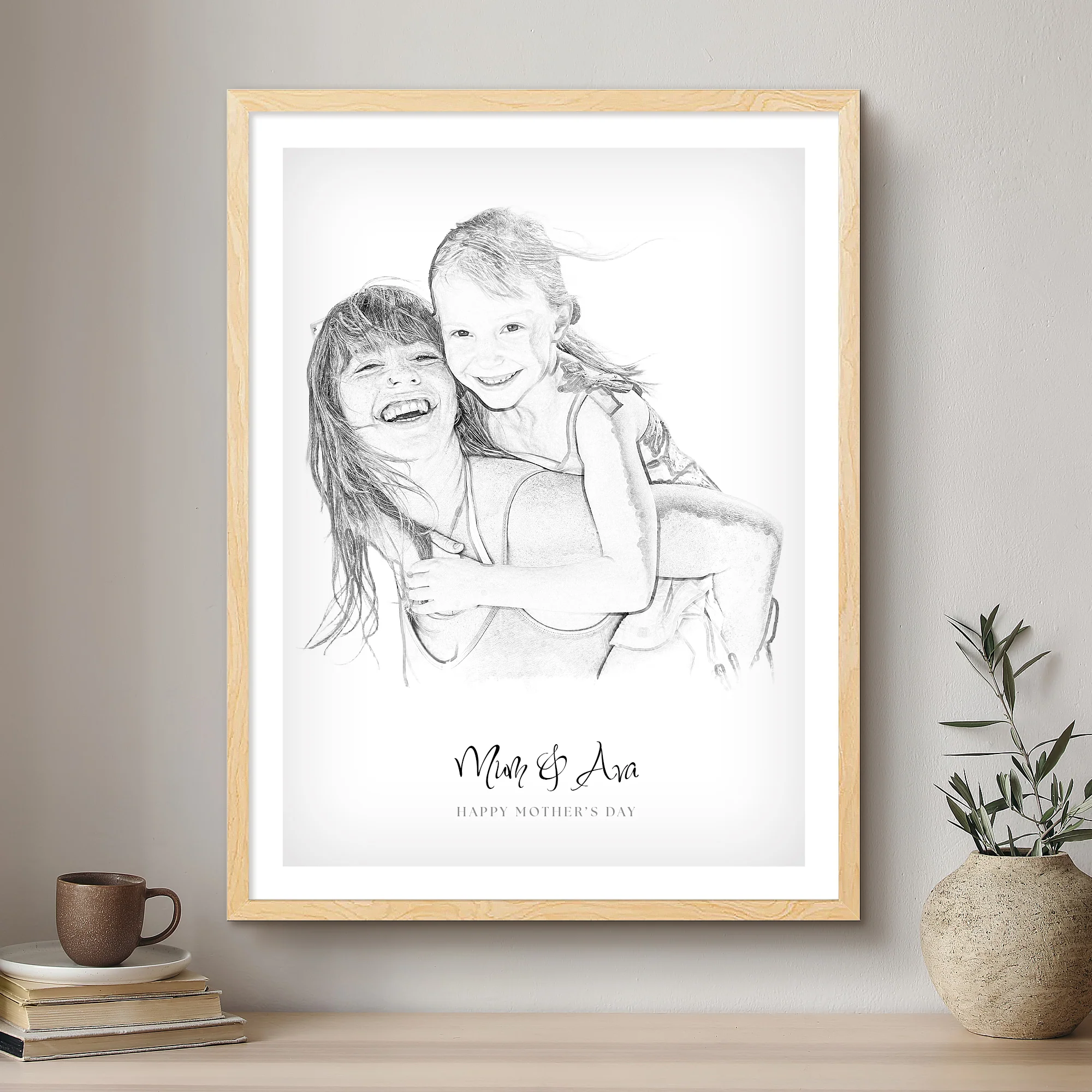 Mommy & Me Black & White Artistic Design Custom Portrait | Framed Art Print