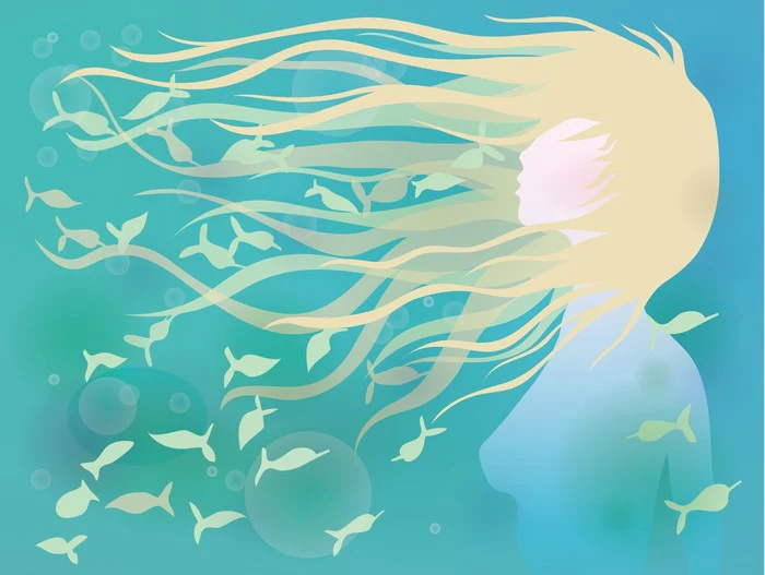 With fishes in her hair